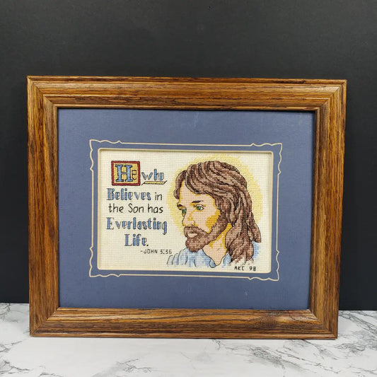 Handmade Framed Jesus Needlepoint Vintage Decor