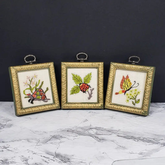 Handmade Framed Small Needlepoints Three Vintage Decor