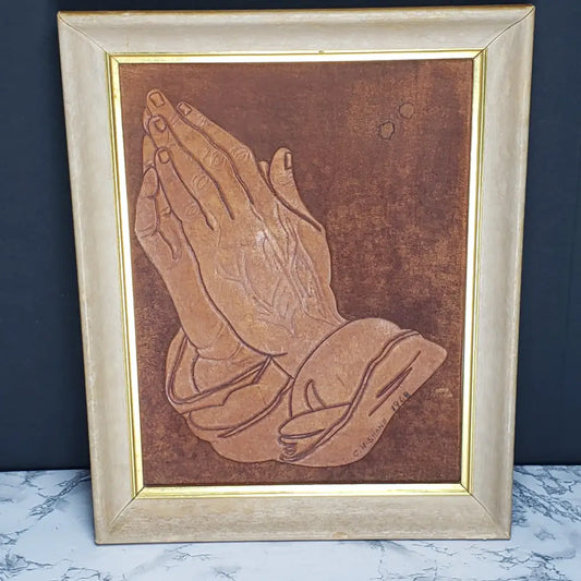 Handmade Leather Praying Hands Framed (Vintage) Decor