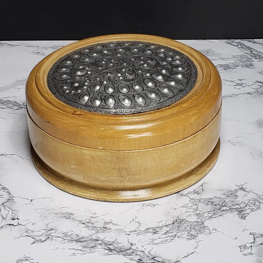 Handmade Mango Wood Lidded Round Box Vintage Decor