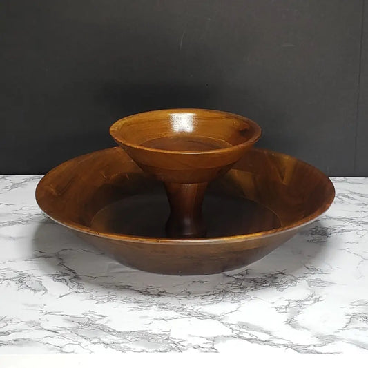 Handmade Walnut Bowl Two Tier Solid Wood Vintage Decor