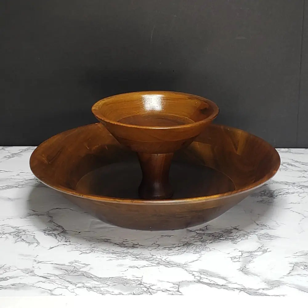 Handmade Walnut Bowl Two Tier Solid Wood Vintage Decor
