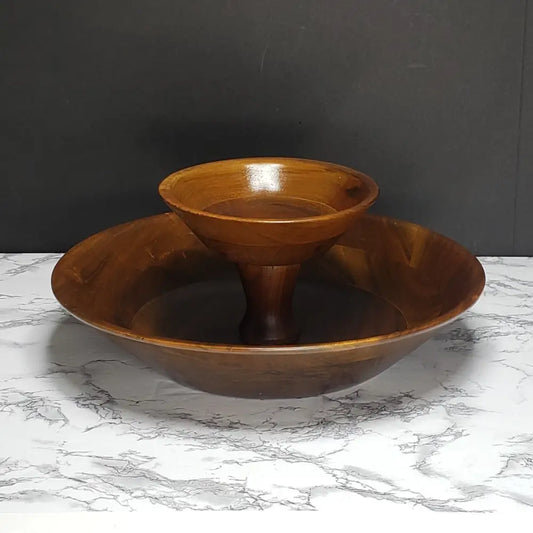 Handmade Walnut Bowl Two Tier Solid Wood Vintage Decor
