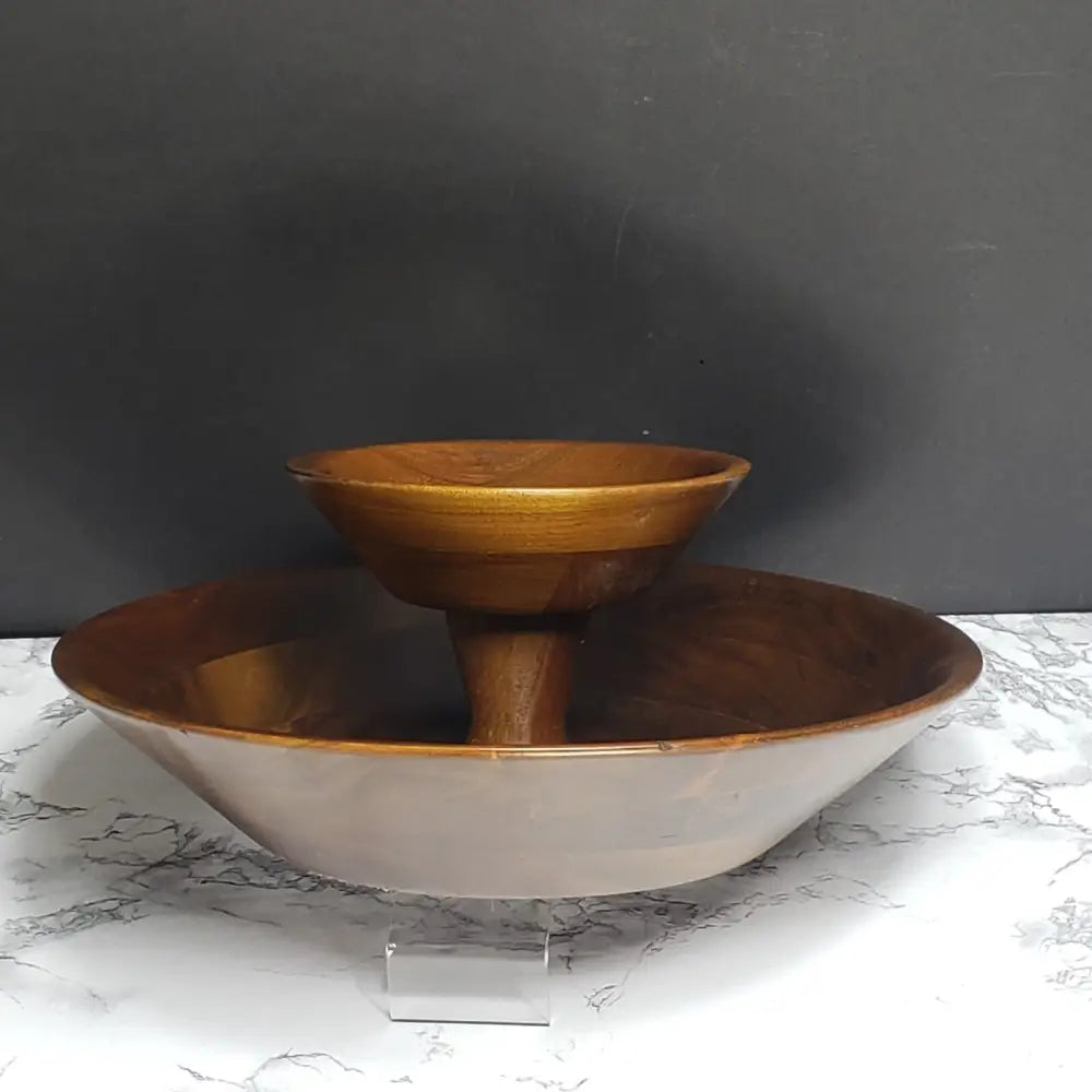 Handmade Walnut Bowl Two Tier Solid Wood Vintage Decor