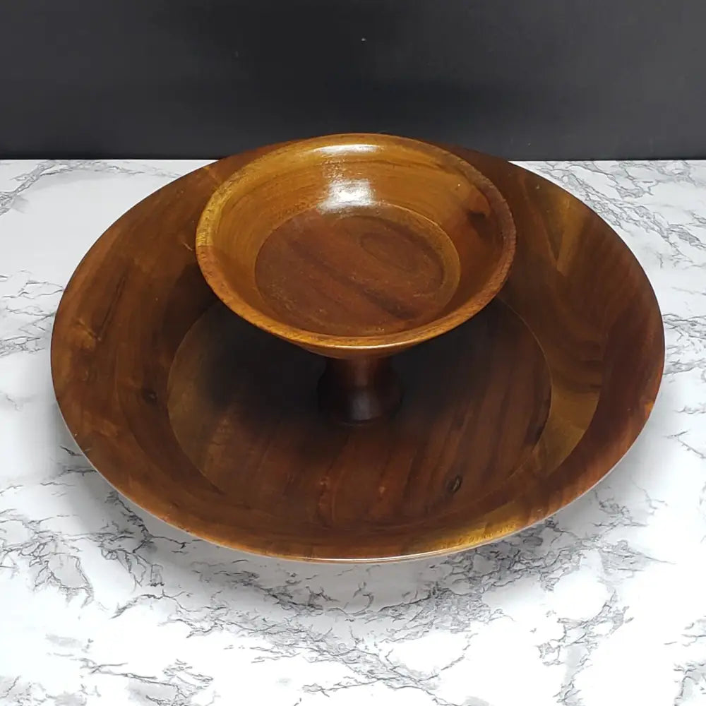 Handmade Walnut Bowl Two Tier Solid Wood Vintage Decor