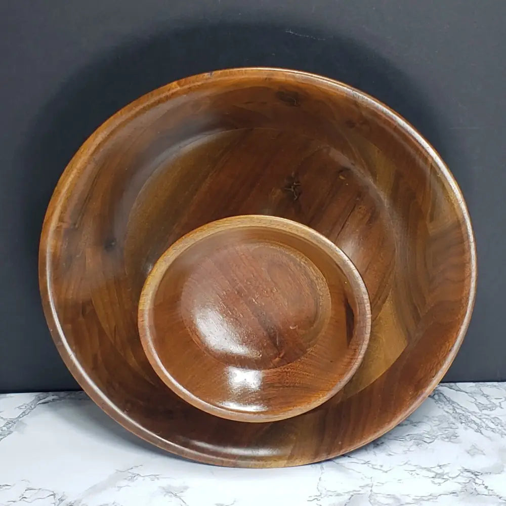 Handmade Walnut Bowl Two Tier Solid Wood Vintage Decor