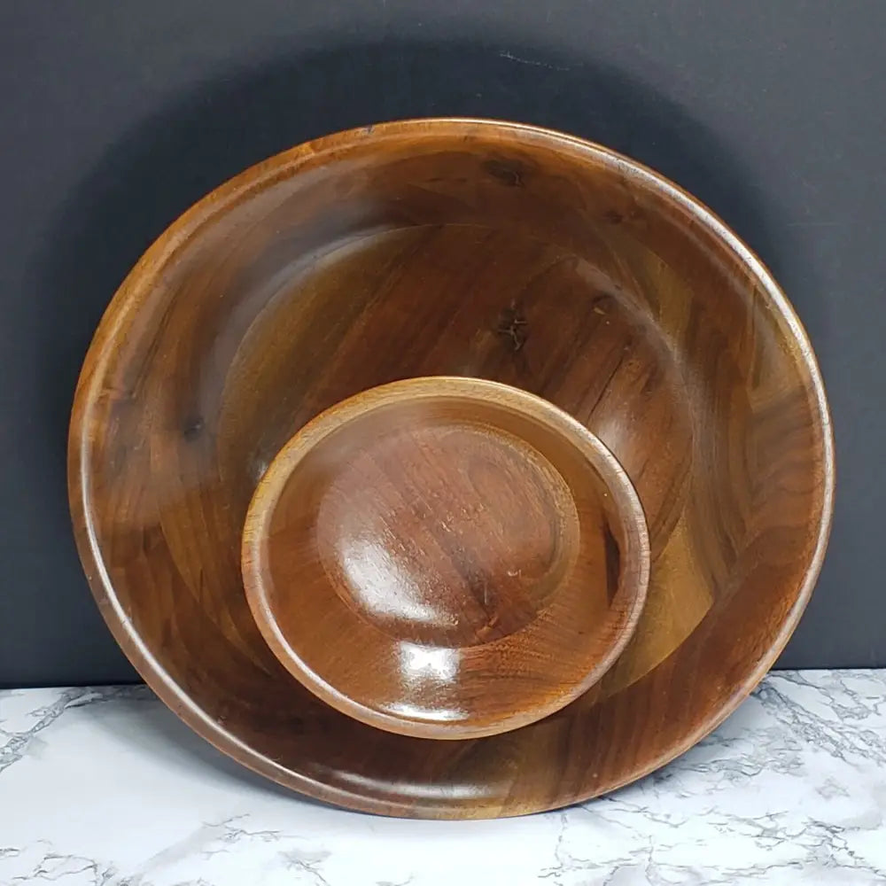 Handmade Walnut Bowl Two Tier Solid Wood Vintage Decor