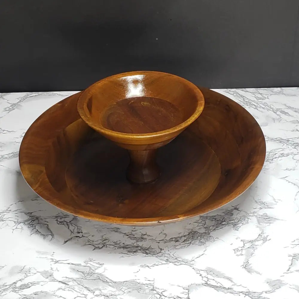 Handmade Walnut Bowl Two Tier Solid Wood Vintage Decor