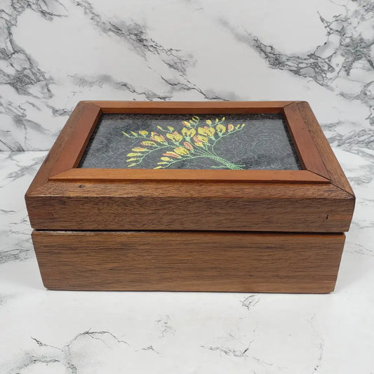 Handmade Wood Box Embroidery Lid Vintage Decor