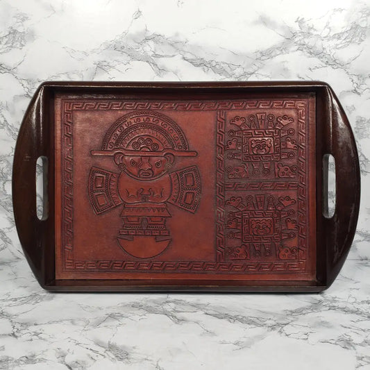 Handmade Wood Embossed Leather Mayan Serving Tray Vintage Kitchen & Dining