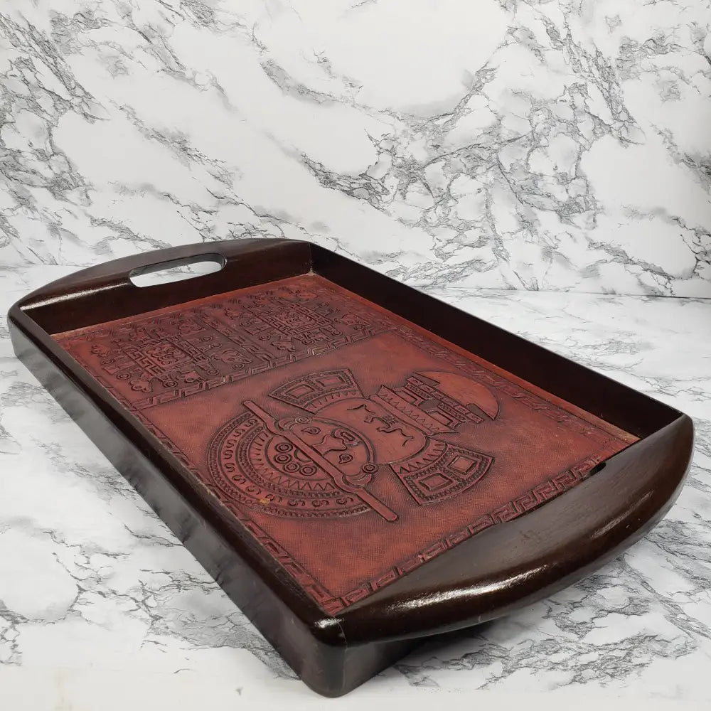 Handmade Wood Embossed Leather Mayan Serving Tray Vintage Kitchen & Dining