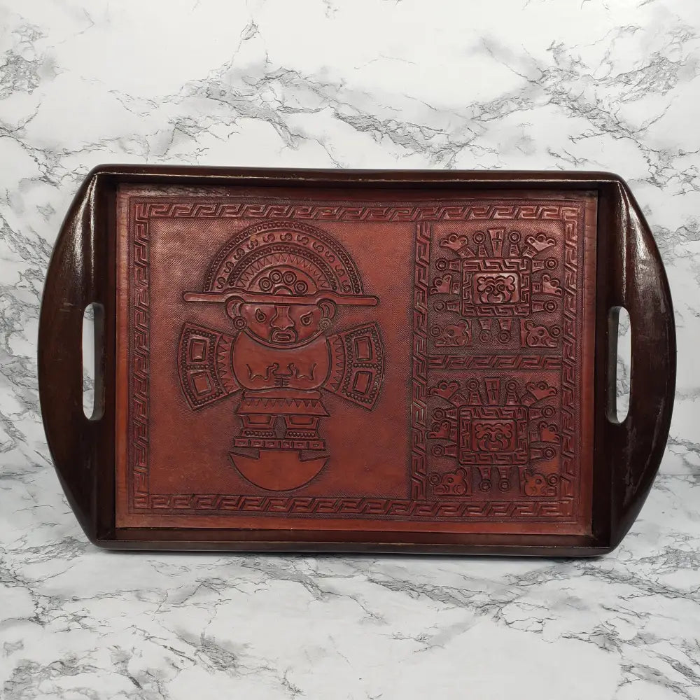 Handmade Wood Embossed Leather Mayan Serving Tray Vintage Kitchen & Dining