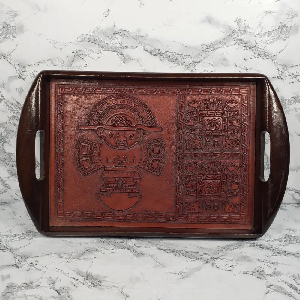 Handmade Wood Embossed Leather Mayan Serving Tray Vintage Kitchen & Dining