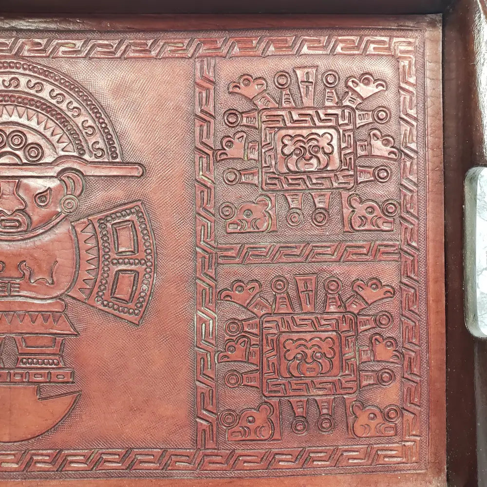 Handmade Wood Embossed Leather Mayan Serving Tray Vintage Kitchen & Dining
