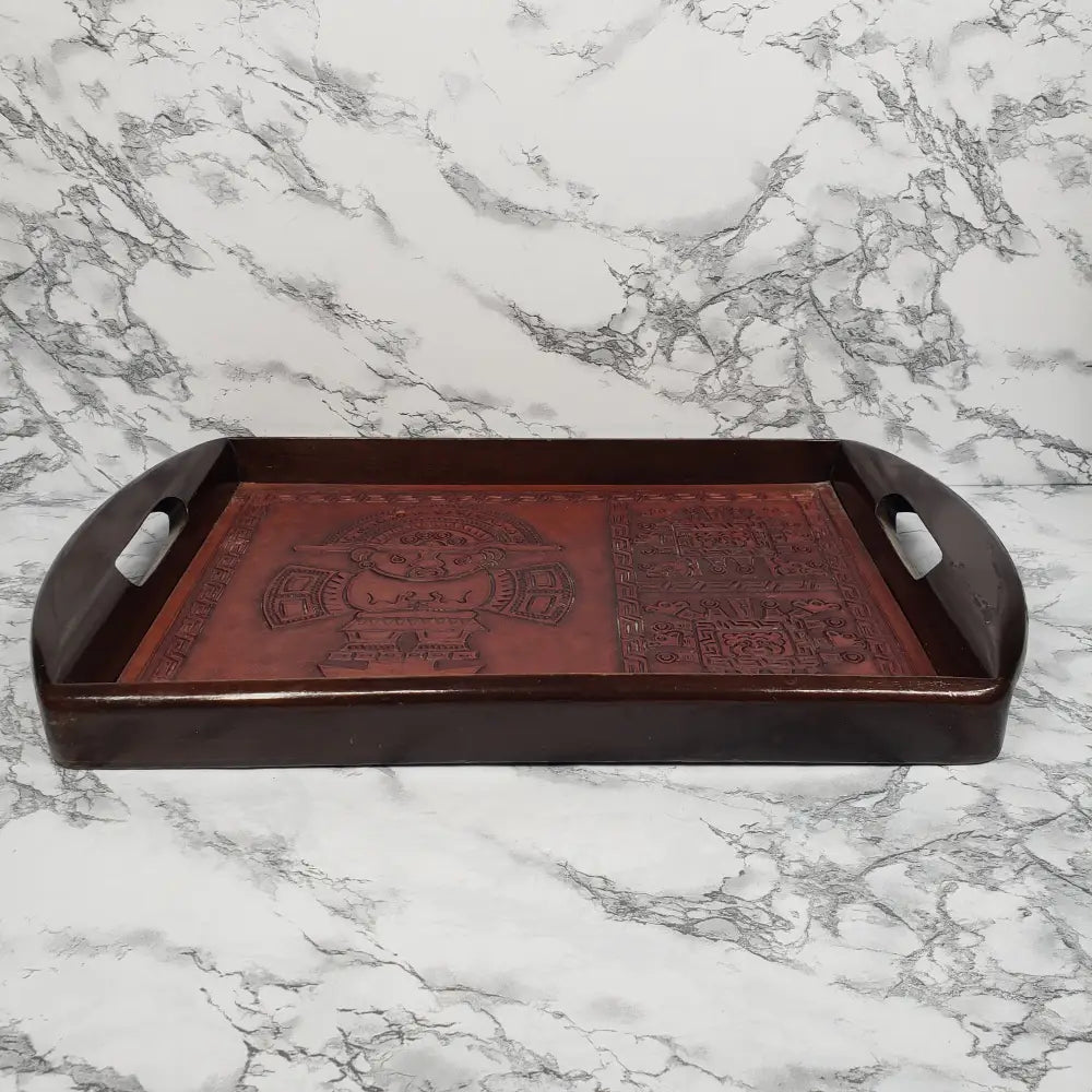 Handmade Wood Embossed Leather Mayan Serving Tray Vintage Kitchen & Dining