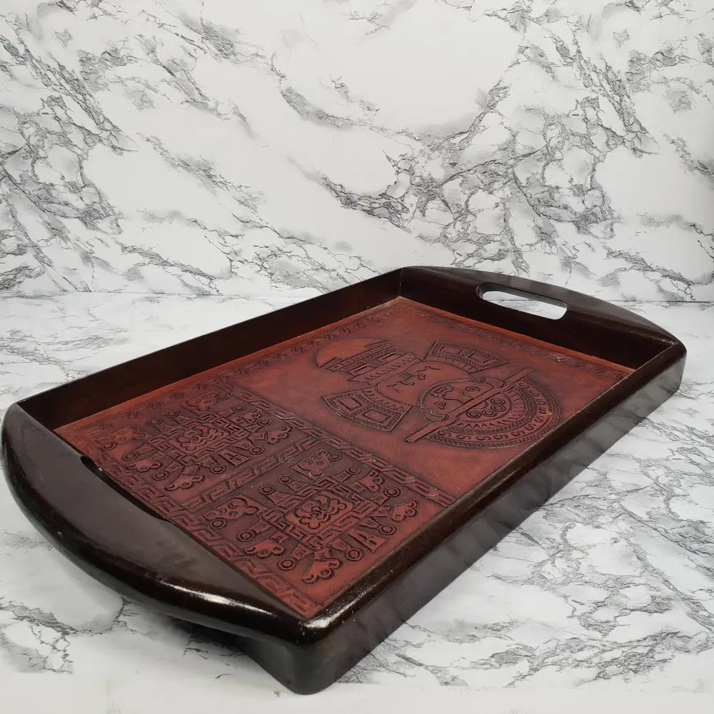 Handmade Wood Embossed Leather Mayan Serving Tray Vintage Kitchen & Dining