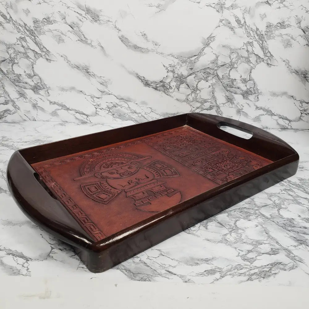 Handmade Wood Embossed Leather Mayan Serving Tray Vintage Kitchen & Dining