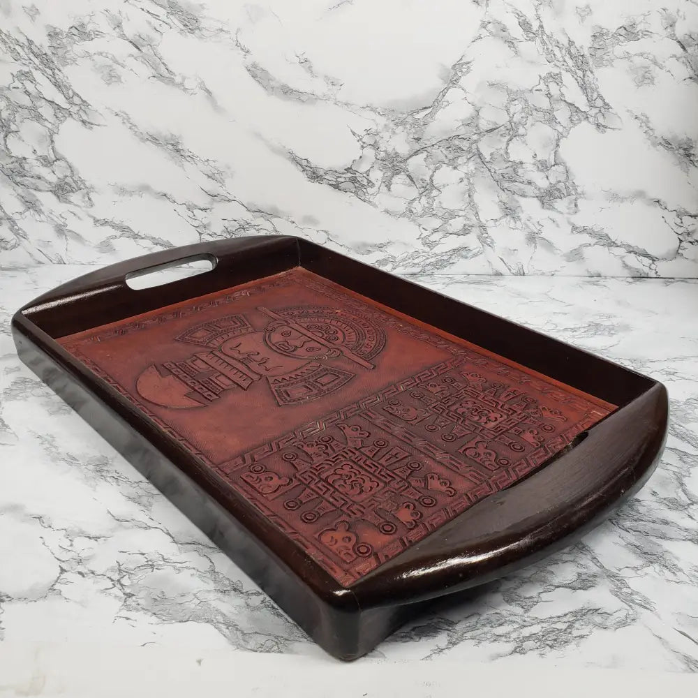 Handmade Wood Embossed Leather Mayan Serving Tray Vintage Kitchen & Dining