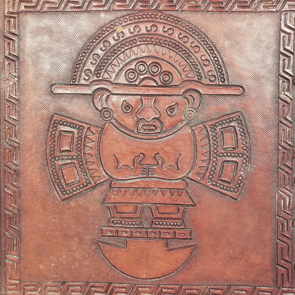 Handmade Wood Embossed Leather Mayan Serving Tray Vintage Kitchen & Dining