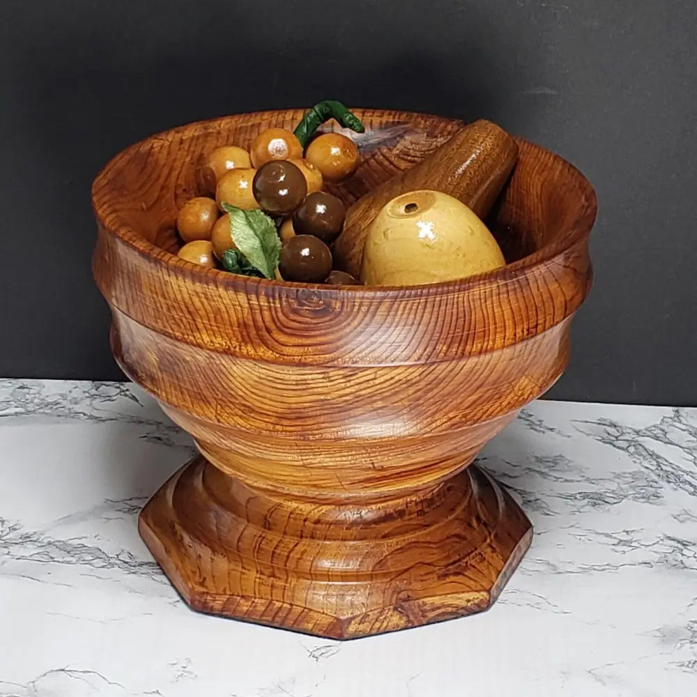 Handmade Wood Pedestal Bowl With Fruit Vintage Decor