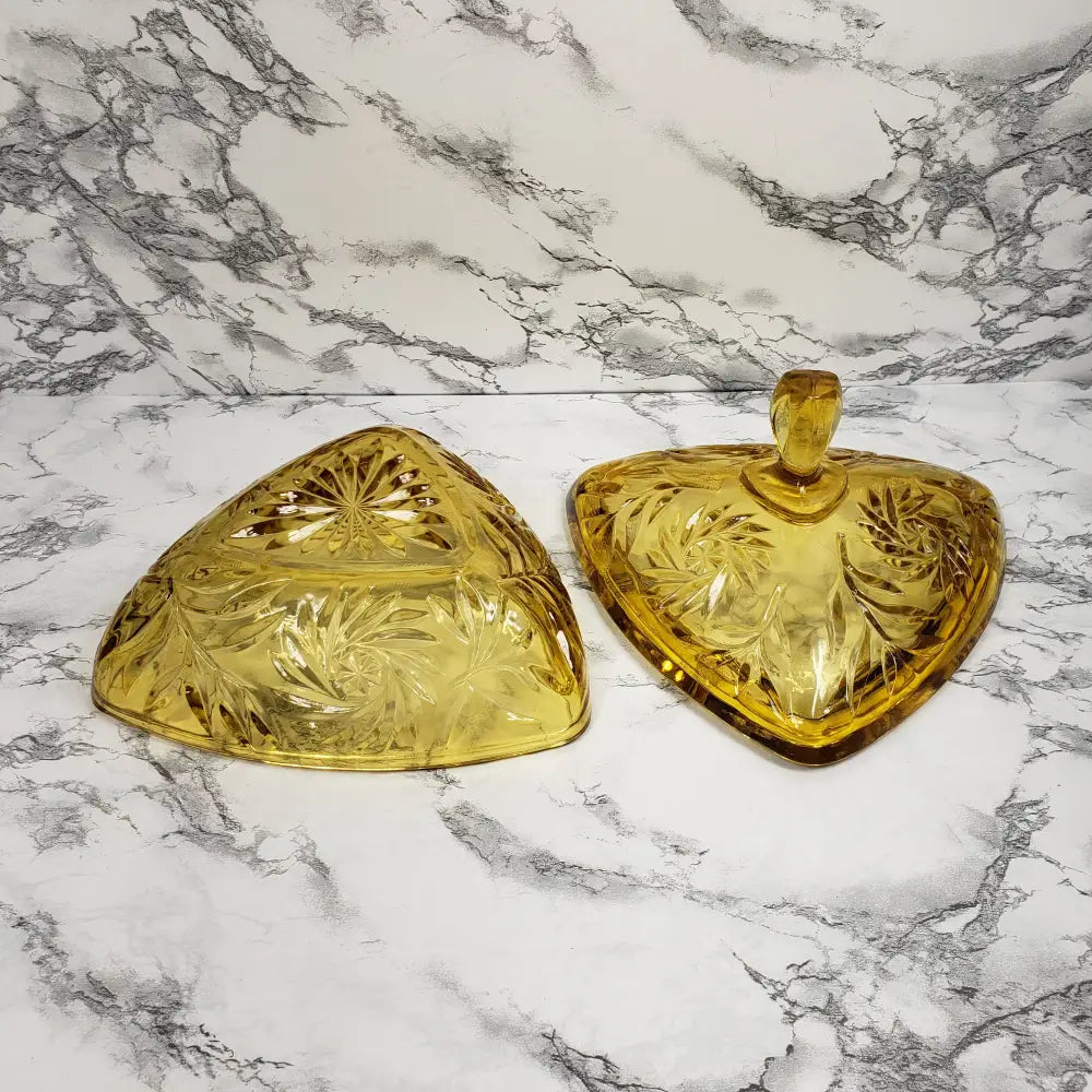 Hazel Atlas Honey Glass Triangle Lidded Dish Vintage Home & Garden