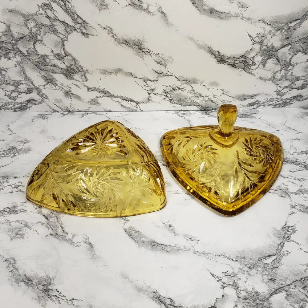 Hazel Atlas Honey Glass Triangle Lidded Dish Vintage Home & Garden