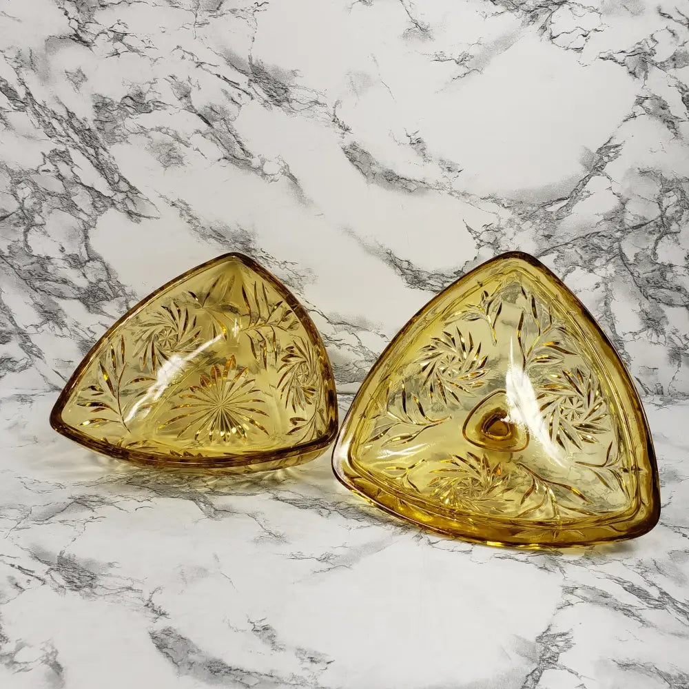 Hazel Atlas Honey Glass Triangle Lidded Dish Vintage Home & Garden