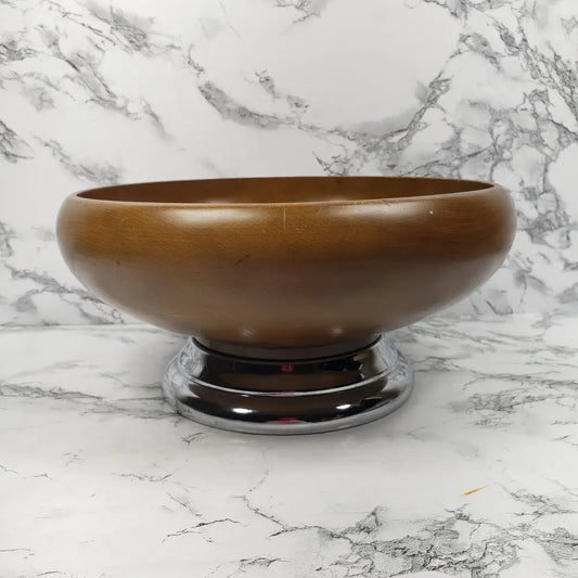 Hellerware Wood Bowl Chrome Pedestal Vintage Decor