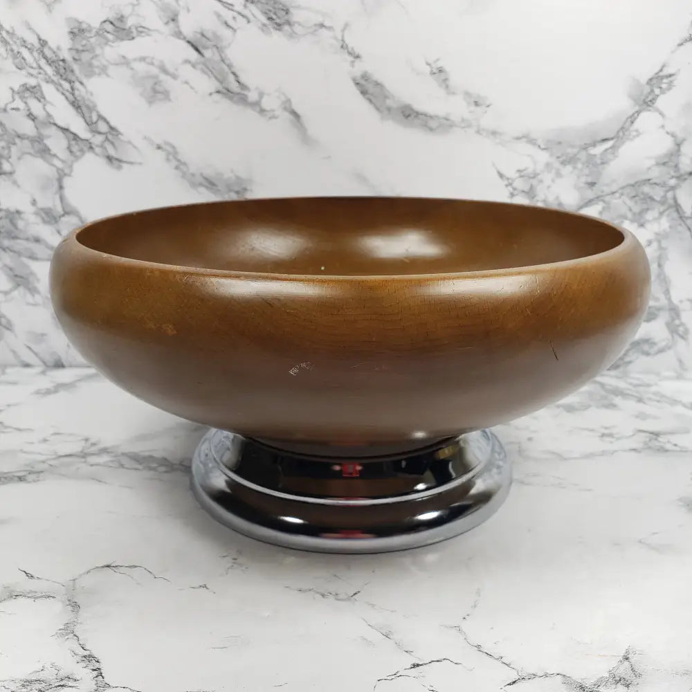 Hellerware Wood Bowl Chrome Pedestal Vintage Decor