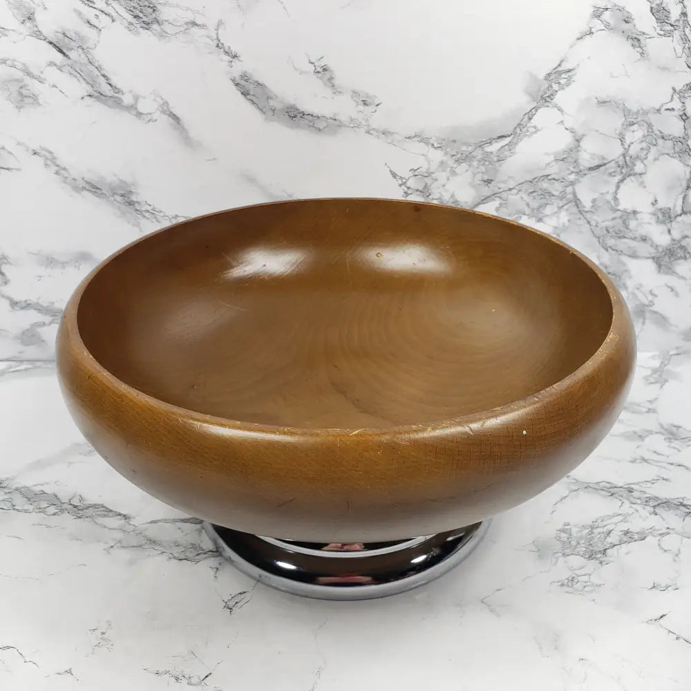 Hellerware Wood Bowl Chrome Pedestal Vintage Decor