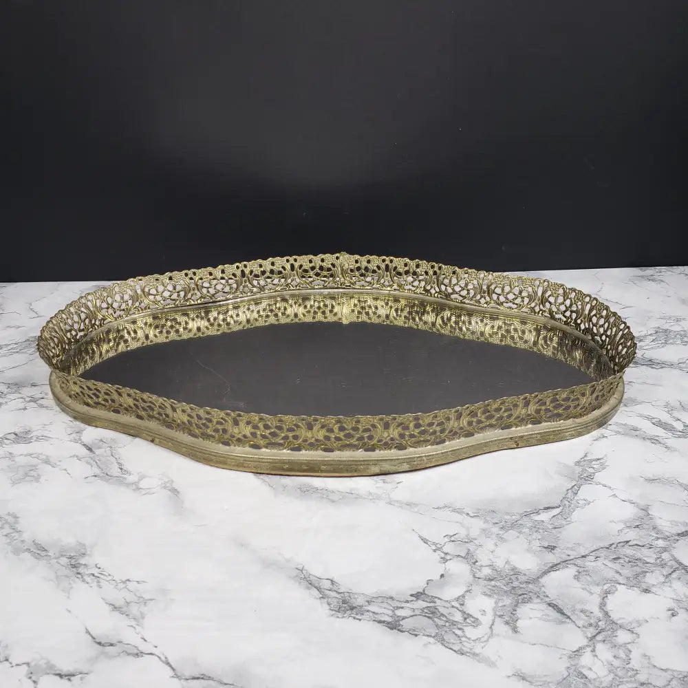 Hollywood Regency Filigree Mirrored Vanity Tray Vintage Decor