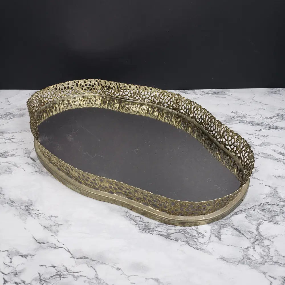 Hollywood Regency Filigree Mirrored Vanity Tray Vintage Decor
