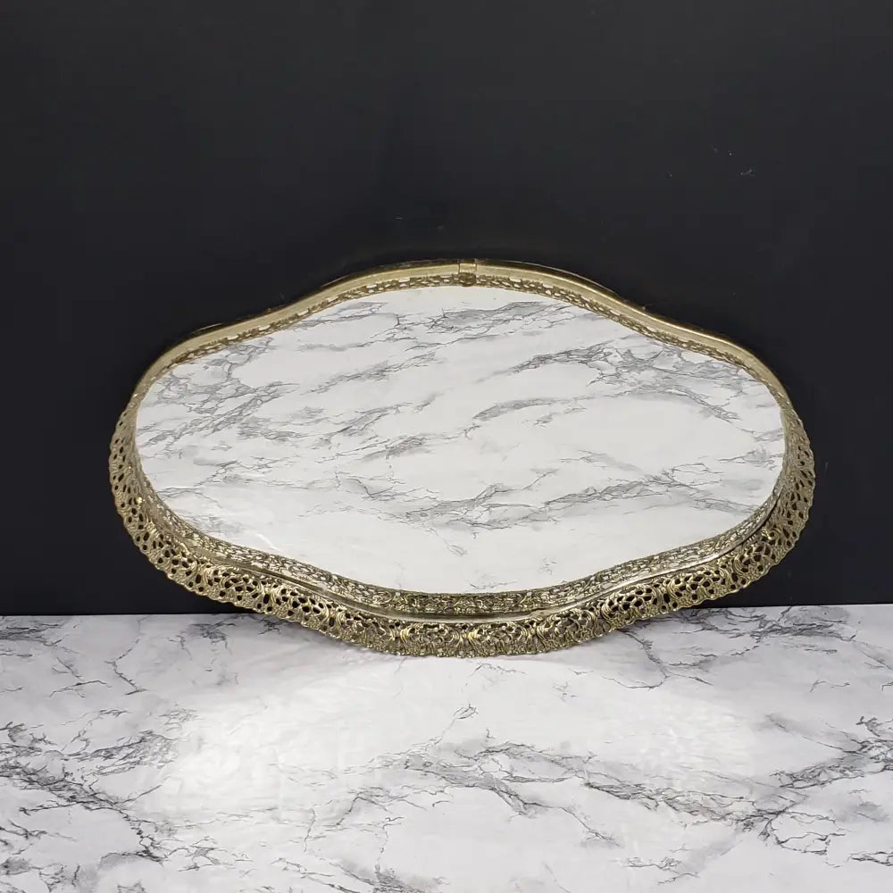 Hollywood Regency Filigree Mirrored Vanity Tray Vintage Decor