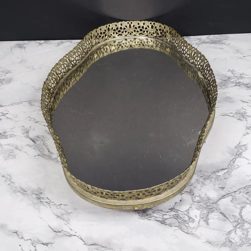Hollywood Regency Filigree Mirrored Vanity Tray Vintage Decor