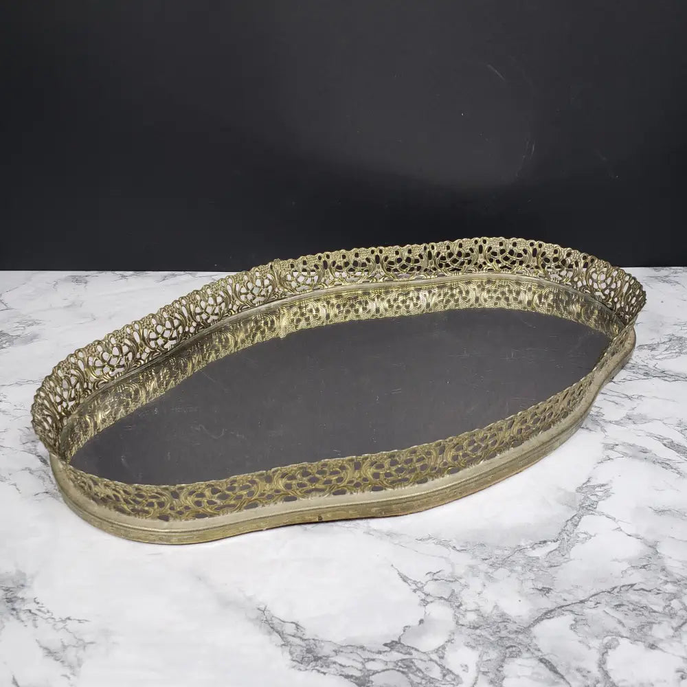 Hollywood Regency Filigree Mirrored Vanity Tray Vintage Decor