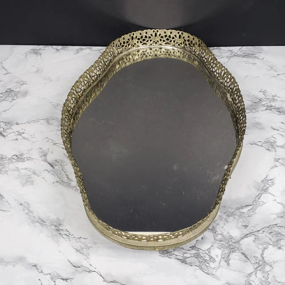 Hollywood Regency Filigree Mirrored Vanity Tray Vintage Decor