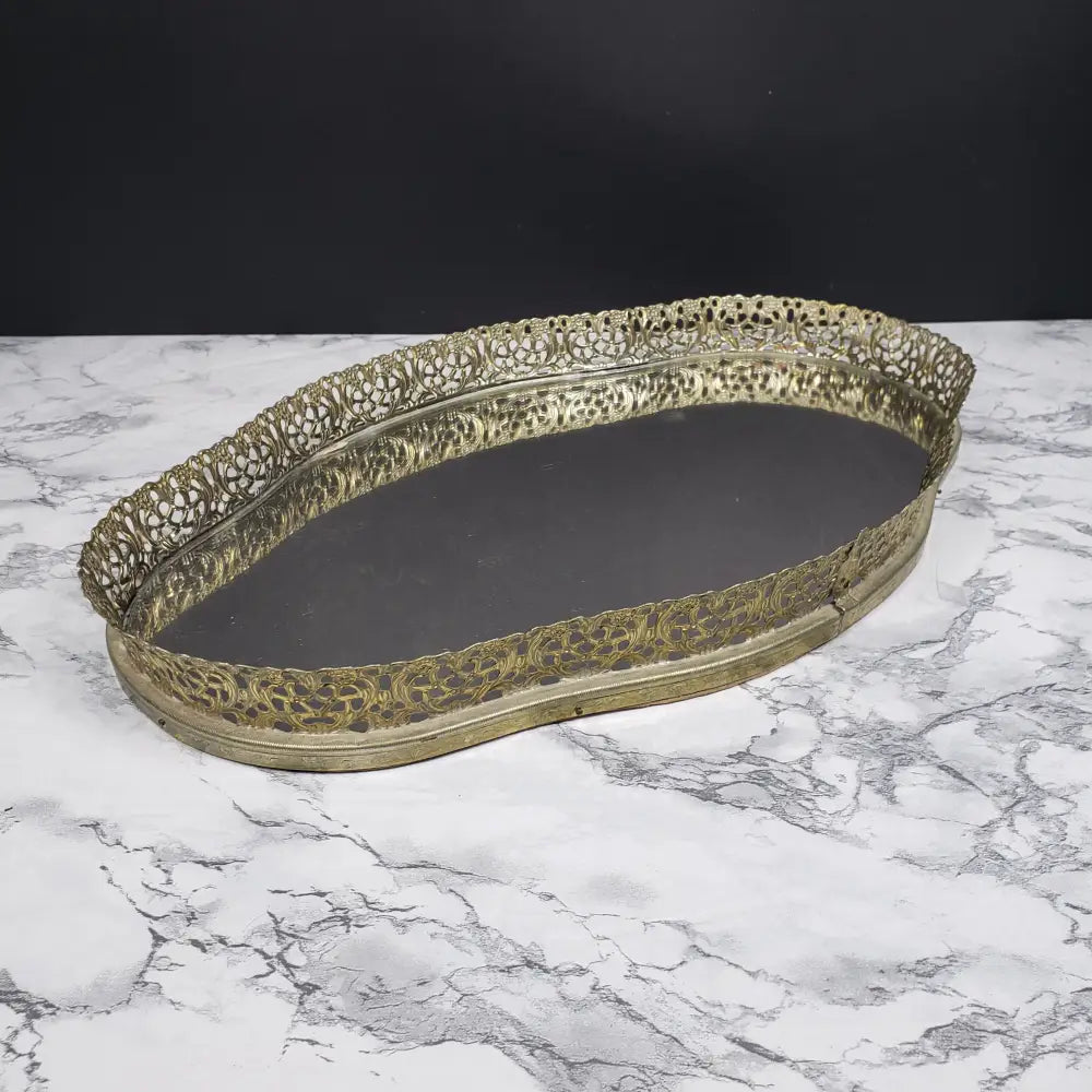 Hollywood Regency Filigree Mirrored Vanity Tray Vintage Decor