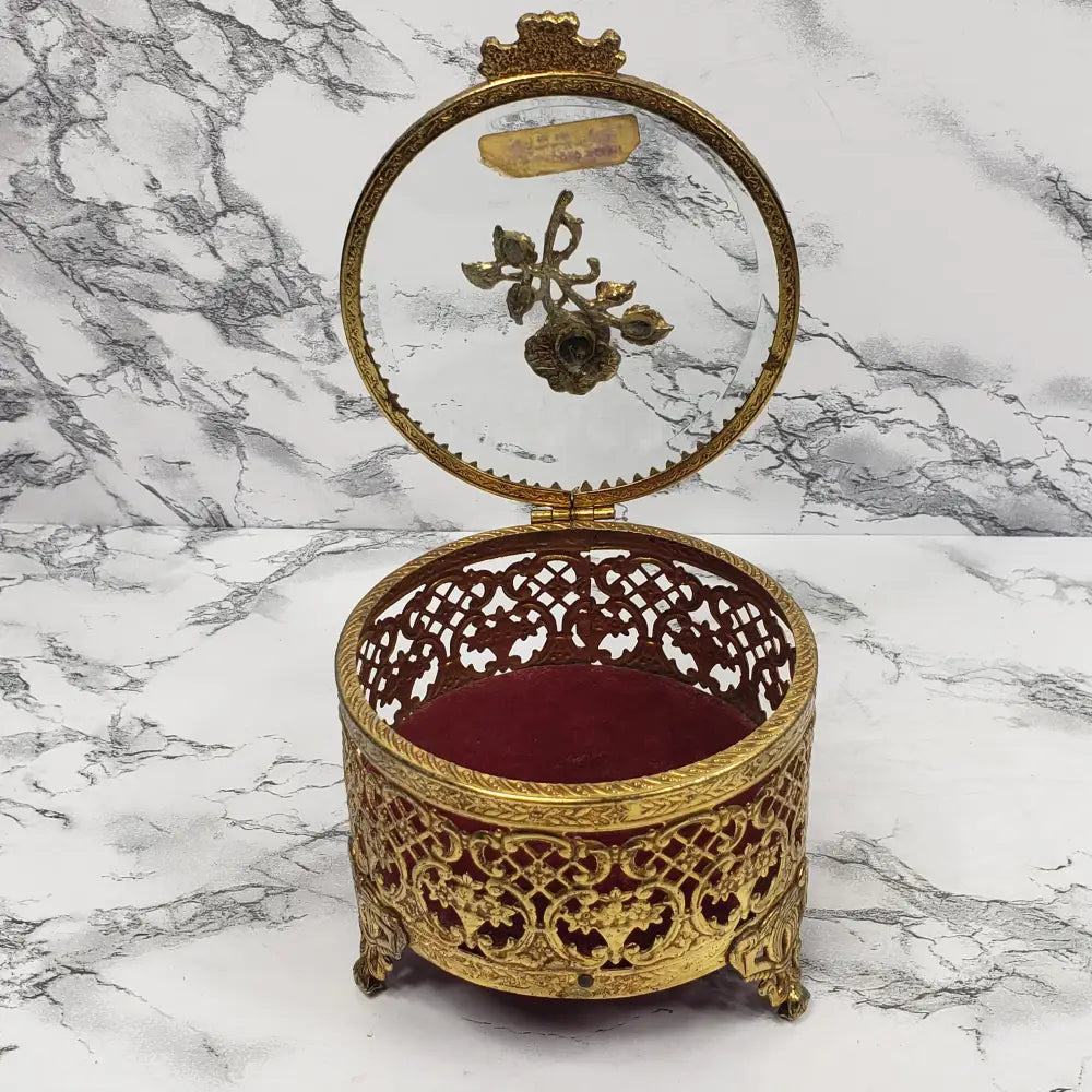 Hollywood Regency Filigree Rose Jewelry Vanity Box Vintage Decor