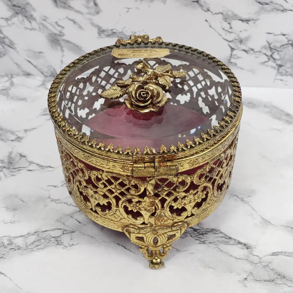 Hollywood Regency Filigree Rose Jewelry Vanity Box Vintage Decor