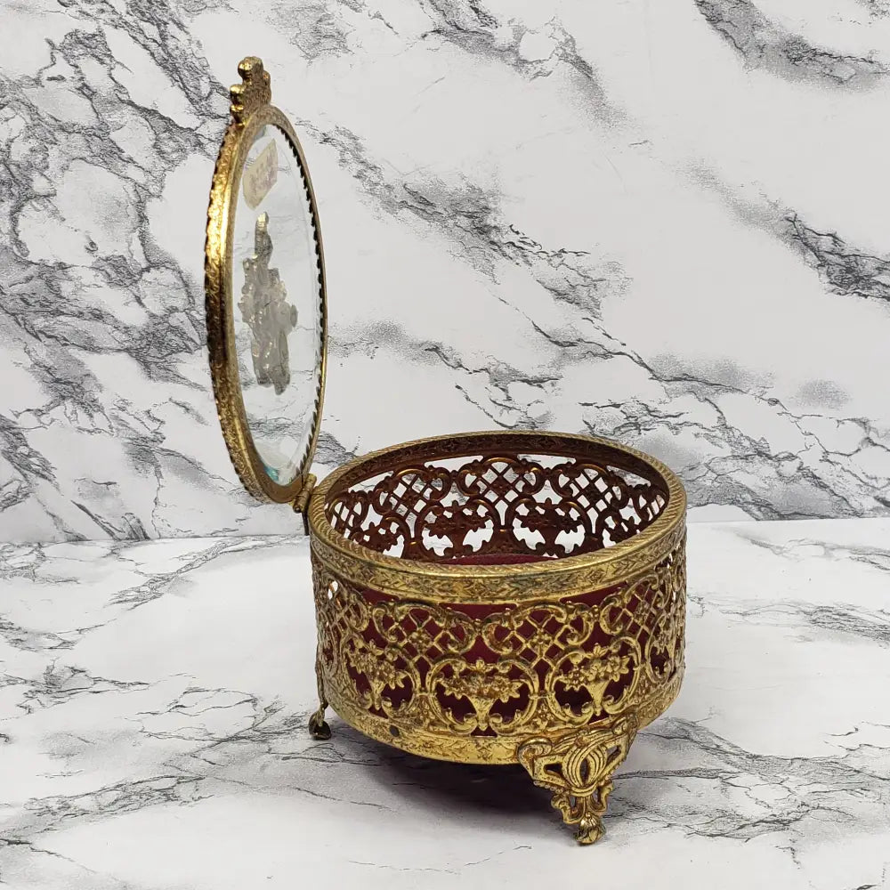 Hollywood Regency Filigree Rose Jewelry Vanity Box Vintage Decor