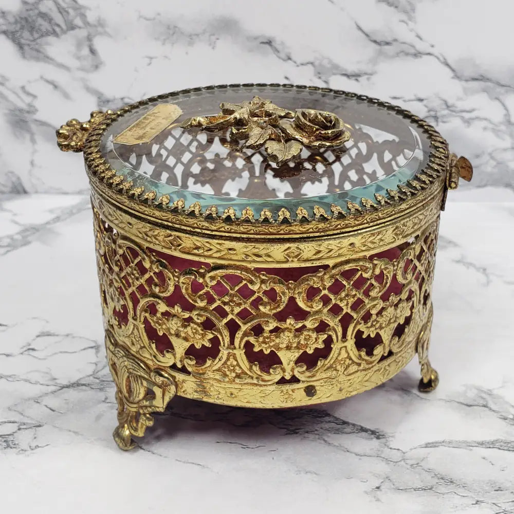 Hollywood Regency Filigree Rose Jewelry Vanity Box Vintage Decor