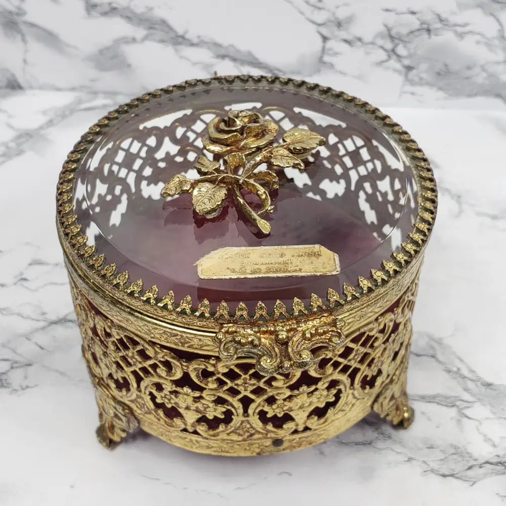 Hollywood Regency Filigree Rose Jewelry Vanity Box Vintage Decor