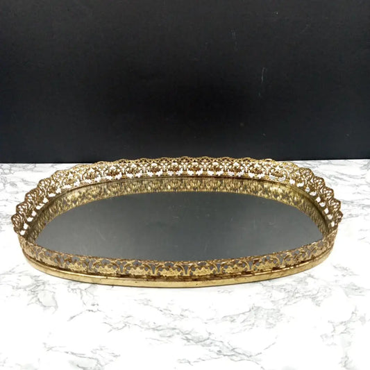 Hollywood Regency Mirrored Filigree Vanity Tray Mid Century Decor