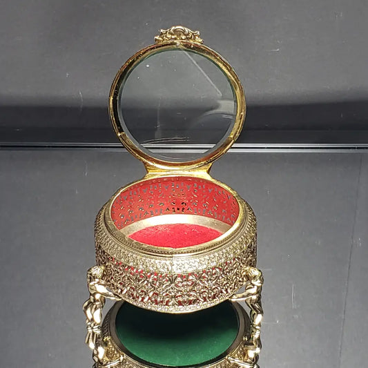 Hollywood Regency Ormolu Filigree Cherub Glass Lidded Vanity Trinket Box (Vintage) Decor