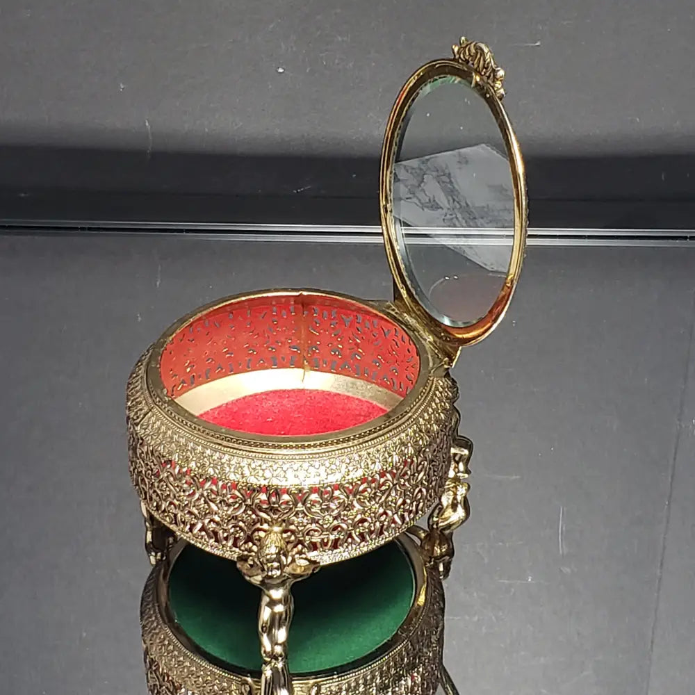 Hollywood Regency Ormolu Filigree Cherub Glass Lidded Vanity Trinket Box (Vintage) Decor