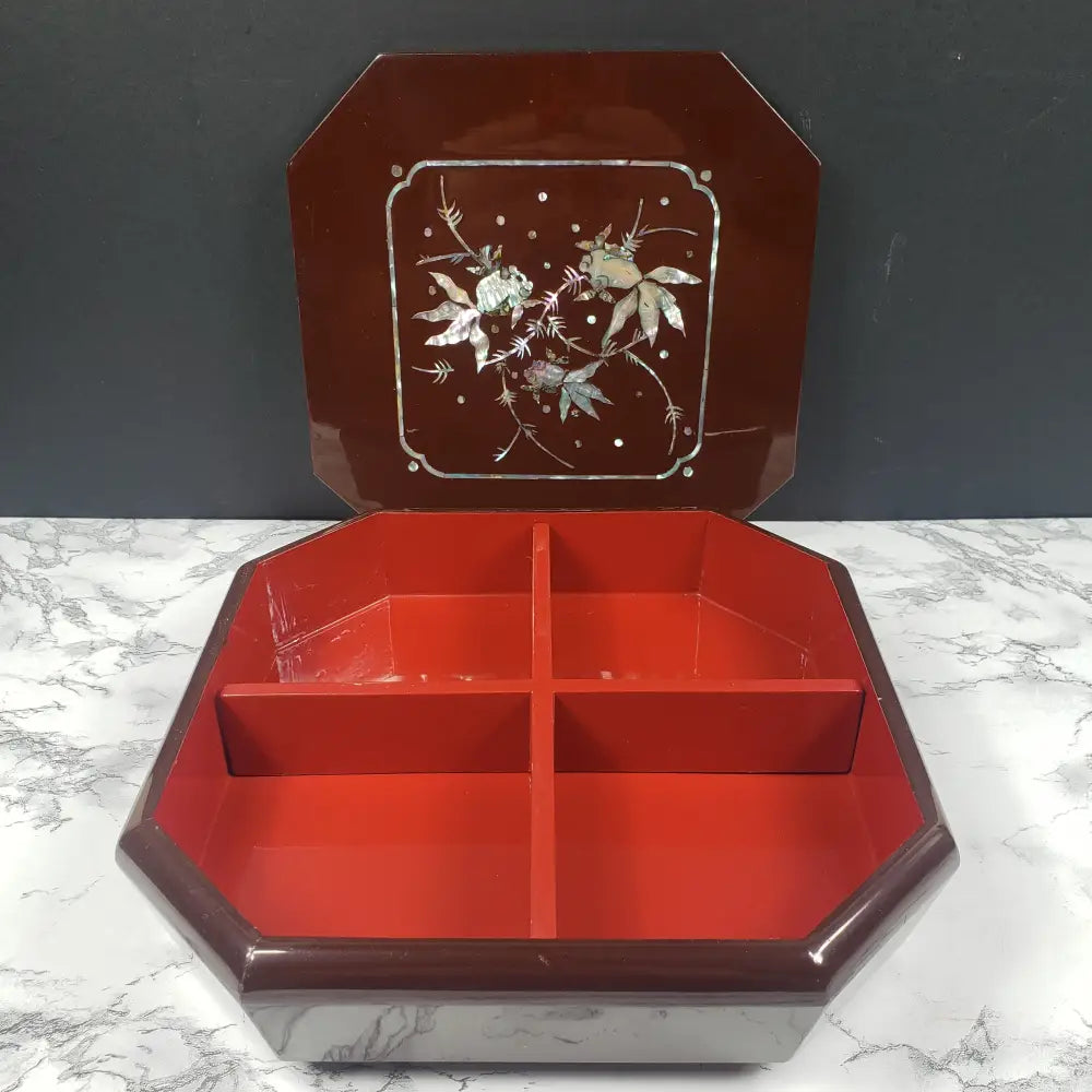 Japanese Lacquer Bento Box Mother Of Pearl Inlaid Vintage Decor