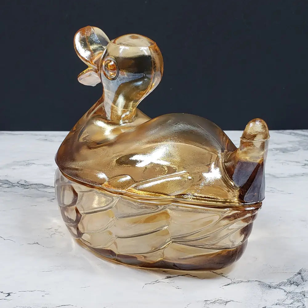Jeanette Marigold Glass Lidded Duck Dish Vintage Decor