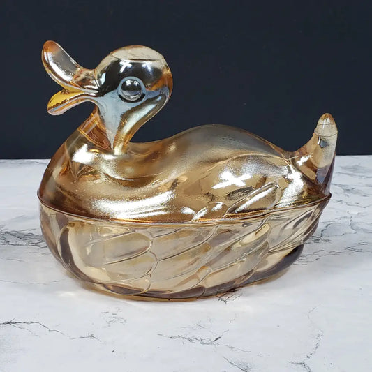 Jeanette Marigold Glass Lidded Duck Dish Vintage Decor
