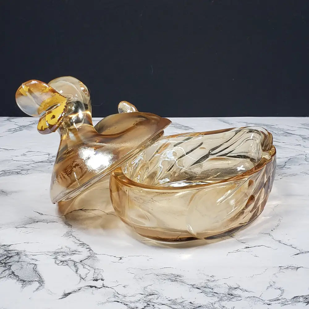 Jeanette Marigold Glass Lidded Duck Dish Vintage Decor