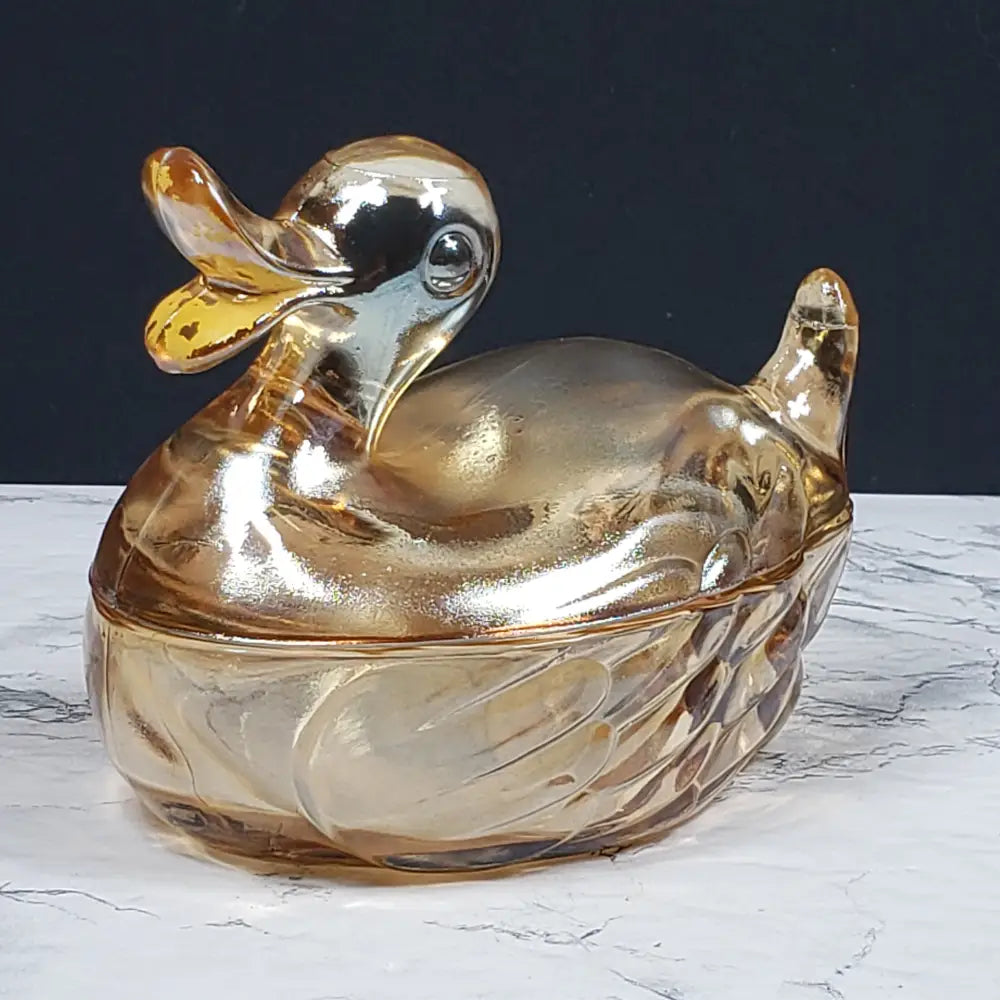 Jeanette Marigold Glass Lidded Duck Dish Vintage Decor